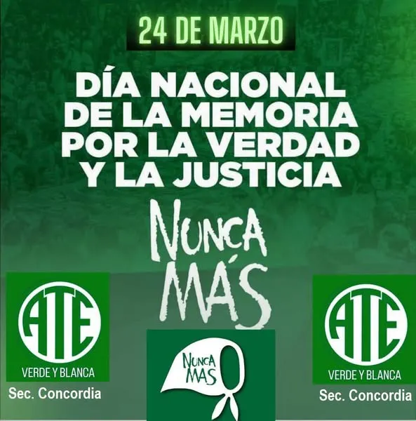 ATE CONCORDIA CONVOCA AL ACTO DE ESTA TARDE POR MEMORIA, VERDAD Y JUSTICIA