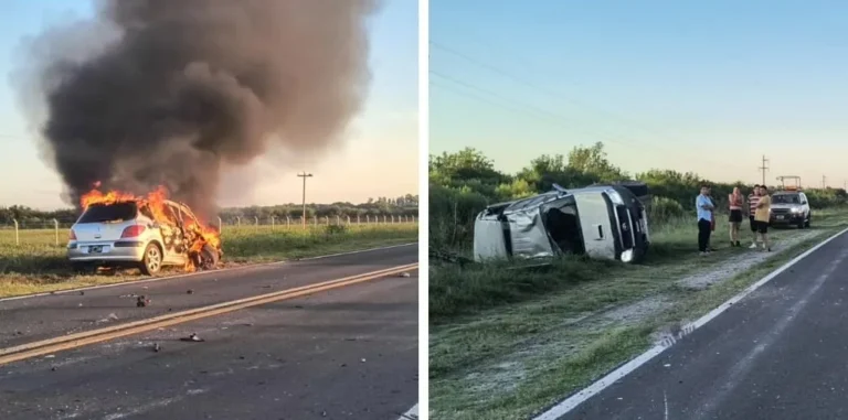 Choque y vuelco en la Ruta 12 terminó con un vehículo completamente incendiado